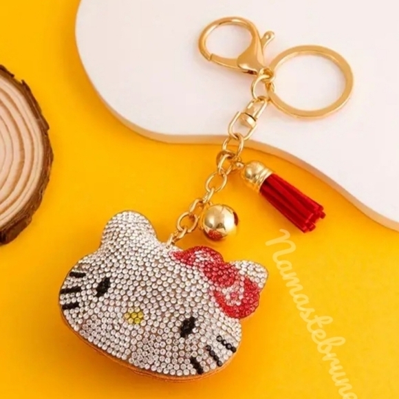 Hello Kitty Red Bow Crystal Rhinestone Keychain Bag Charm with Tan Tassel - Picture 3 of 11